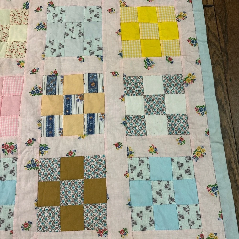 Handmade 9 Patch Pattern Baby Girl Quilt 36.6x52.5” Floral Bunnies Rooster